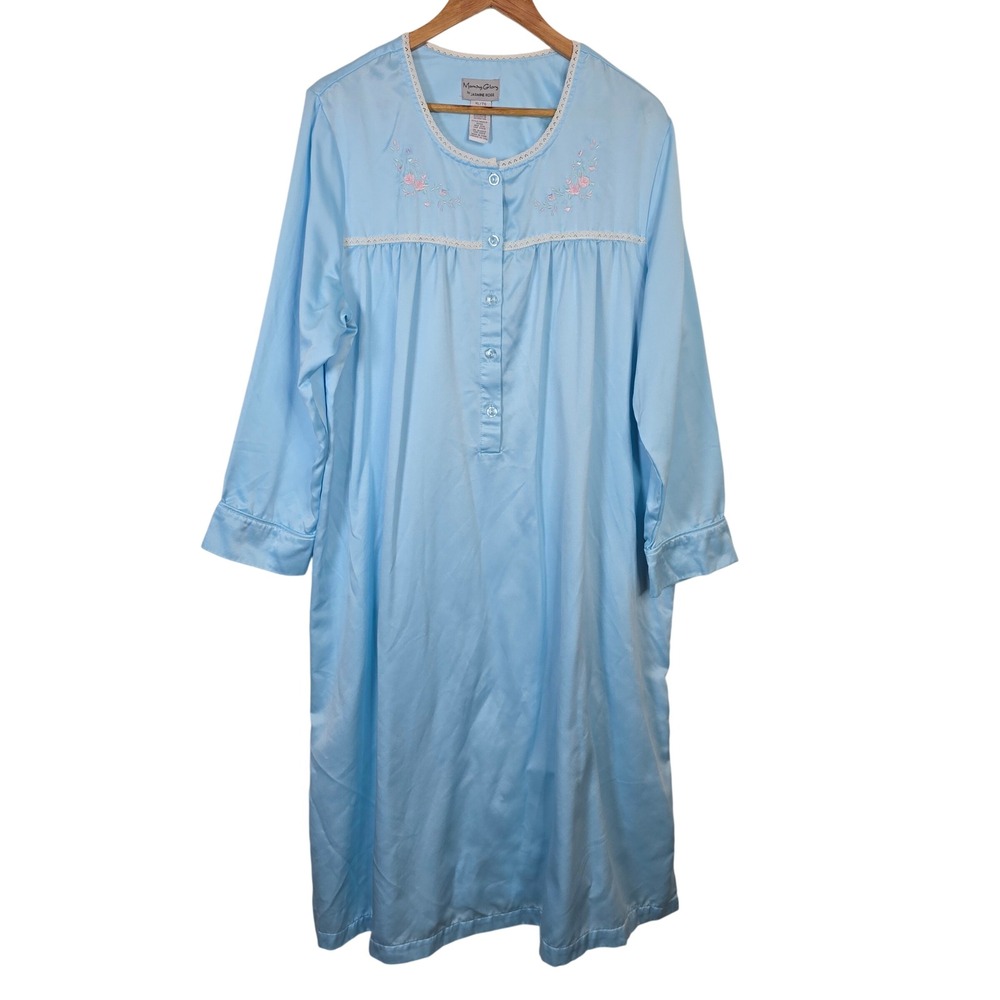 Morning Glory by Jasmine Rose Blue Floral Embroidered Nightgown XL Cottagecore